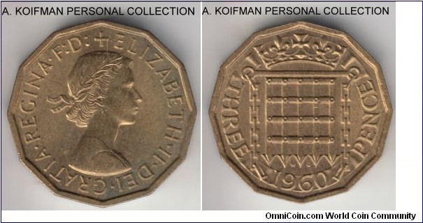 KM-900, 1960 Great Britain 3 pence; nickel-brass, plain edge, 12-sided flan; red average uncirculated or so.