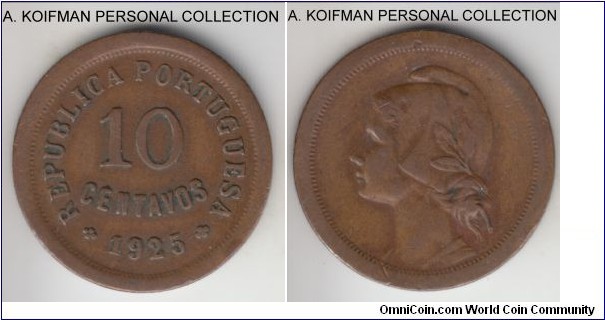 KM-573, 1925 Portugal 10 centavos; bronze, reeded edge; fine or about.