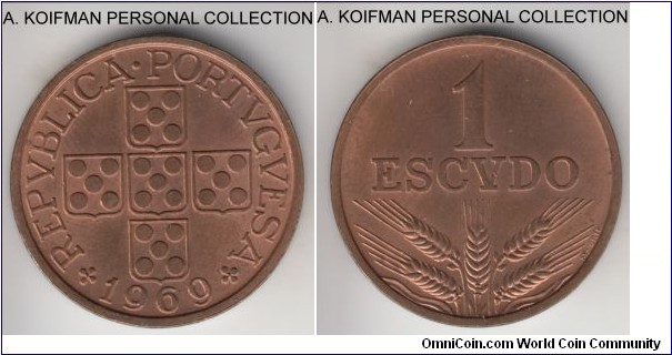 KM-597, 1969 Portugal escudo; bronze, plain edge; first year of the type, mostly red uncirculated.