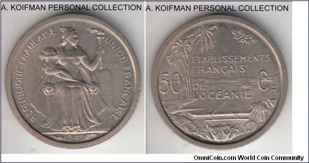 KM-E7, Lec-14, 1949 French Oceania 50 centimes; essai, copper-nickel, plain edge; mintage 2,000, average uncirculated.
