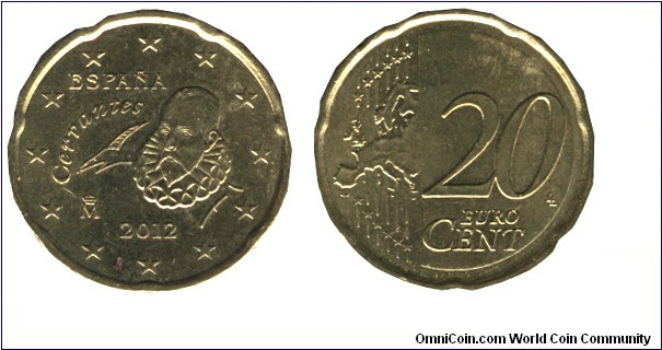 Spain, 20 cents, 2012, Cu-Al-Zn-Sn, 22.25mm, 5.74g, Cervantes.