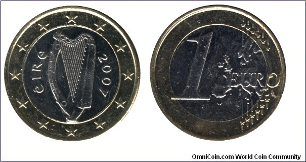 Ireland, 1 euro, 2007, Ni-Brass-Cu-Ni, 23.25mm, 7.5g, bimetallic, Harp.