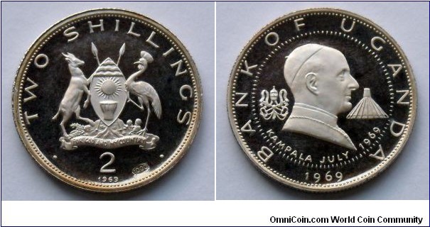 Uganda 2 shillings.
1969, Visit of Pope Paul VI. Ag 999. Proof. Mintage: 8.170 pieces.