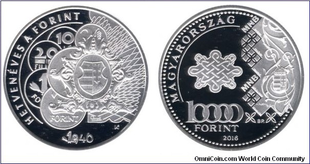 Hungary, 10000 forint, 2016, Ag, 38.61mm, 31.46g, 70th Anniversary of the Forint.
