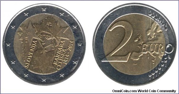 Slovenia, 2 euro, 2014, Cu-Ni-Ni-Brass, 25.75mm, 8.5g, bimetallic, 1414-2014 Barbara Celjska (Cillei Borbála, Hungarian Queen).