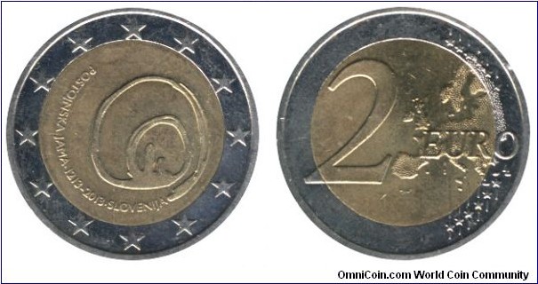 Slovenia, 2 euro, 2013, Cu-Ni-Ni-Brass, bimetallic, 25.75mm, 8.5g, Postojnska jama 1213-2013, Postojna Cave.