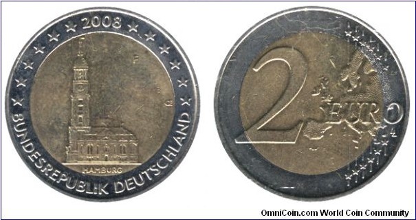 Germany, 2 euro, 2008, Cu-Ni-Ni-Brass, bimetallic, 25.75mm, 8.5g, MM: F, Hamburg.