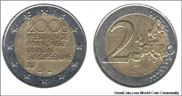 France, 2 euro, 2008, Cu-Ni-Ni-Brass, bimetallic, 25.75mm, 8.5g, French EU Presidency.