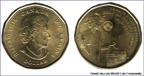 Canada, 1 dollar, 2016, 1916-2016, Women's Right to Vote, Queen Elizabeth II.