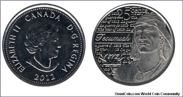 Canada, 25 cents, 2012, Ni-Steel, 23.90mm, 4.43g, War of 1812 - Tecumseh, Queen Elizabeth II.