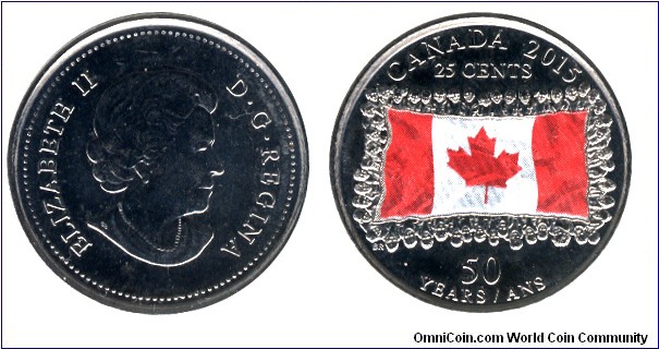 Canada, 25 cents, colored coin, 2015, 50 yeras of Canadian Flag, Queen Elizabeth II.