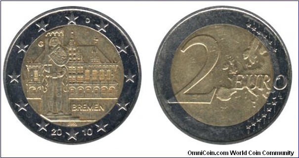 Germany, 2 euro, 2010, Cu-Ni-Ni-Brass, bi-metallic, 25.75mm, 8.5g, MM: D, Bremen town hall, knight statue.