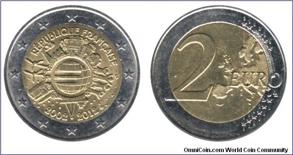 France, 2 euro, 2012, Cu-Ni-Ni-Brass, bi-metallic, 25.75mm, 8.5g, 2002-2012, 10th Anniversary of Euro coinage.