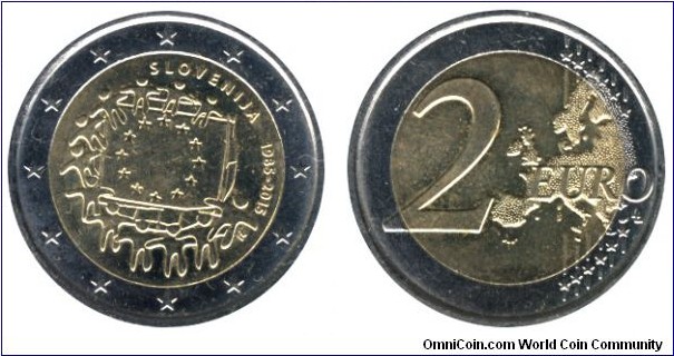Slovenia, 2 euro, 2015, Cu-Ni-Ni-Brass, 25.75mm, 8.5g, 1985-2015, 30th Anniversary of European flag.