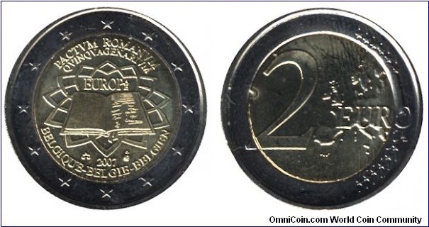 Belgium, 2 euro, 2007, Cu-Ni-Ni-Brass, bi-metallic, 25.75mm, 8.5g, Pactum Romanum Qvinqvacenarium, Europa (Treaty of Rome).