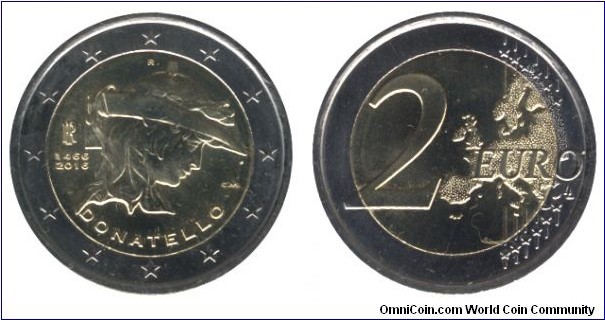 Italy, 2 euro, 2016, Cu-Ni-Ni-Brass, bi-metallic, 25.75mm, 8.5g, Donatello, 1466-2016.