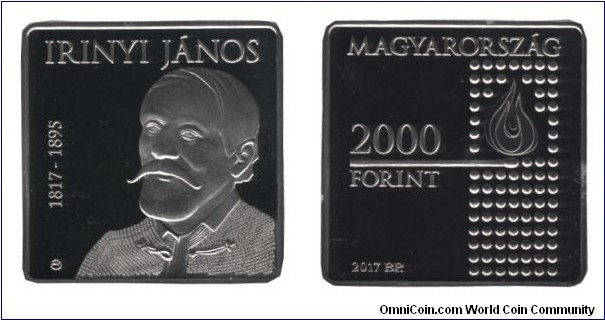 Hungary, 2000 forint, 2017, Cu-Ni, 28.43mm, 14g, square-shaped, János Irinyi, inventor of match, 1817-1895.