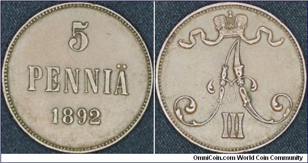 Copper 5 pennia for Finland.
