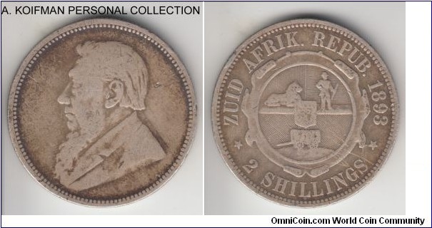KM-6, 1893 Zuid-Afrikkansche Republiek (ZAR) South Africa 2 shillings; silver, reeded edge; scarcest and smaller mintage of the type, lightly cleaned, few digs and a thin cut, generally good fine or better, mintage 107,000.