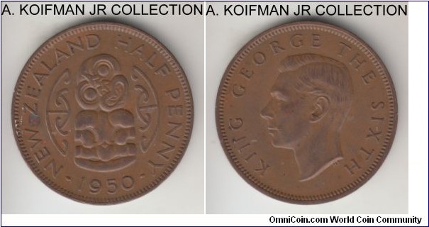 KM-20, 1950 New Zealand 1/2 penny; bronze, plain edge; George VI, smaller mintage year but still commonly available, good extra fine details, small reverse spot.