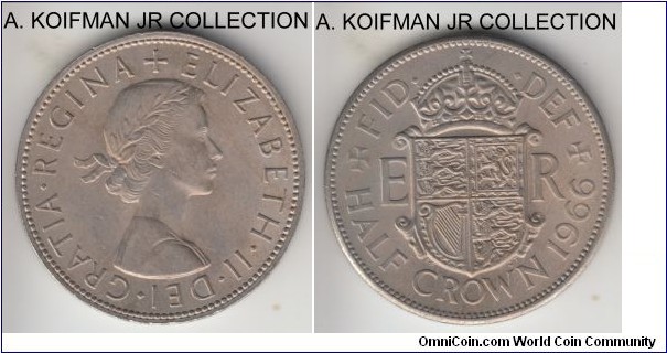 KM-907, 1966 Great Britain half crown; copper-nickel, reeded edge; late Elizabeth II, average toned uncirculated.