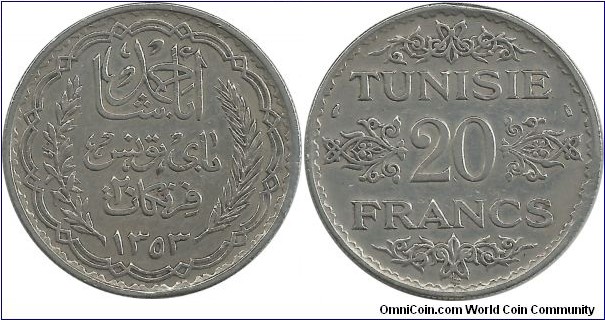 Tunisia 20 Francs AH1353(1934)