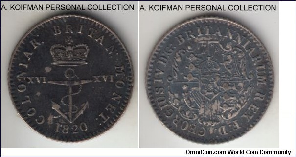 KM-1, 1820 British West Indies 1/16'th of a dollar; silver, reeded edge; looks to be a regular, not an overdate variety, dark toned extra fine (scans is not really capturing the toning), scarcer first year. 