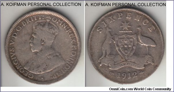 KM-25, 1912 Australia 6 pence, Royal mint (London, no mint mark); silver, reeded edge; scarcer year, about very good.