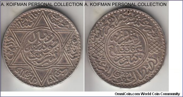 Y#33, AH1336 (1918) Morocco rial, 10 dirhams, Paris mint; silver, raised stars on edge; scarcer of the two years this type was minted, an edge knock and an attempted piercing, otherwise nicer extra fine grade with pleasant toning.