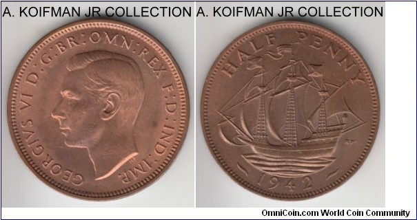KM-844, 1942 Great Britain half penny; bronze, plain edge; George VI, nice mostly red uncirculated.