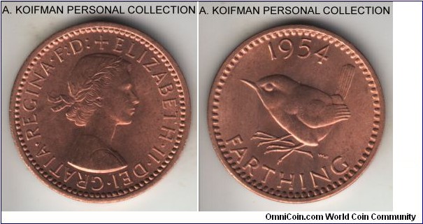 KM-895, 1954 Great Britain farthing; bronze, plain edge; nice early Elizabeth II issue, red uncirculated.