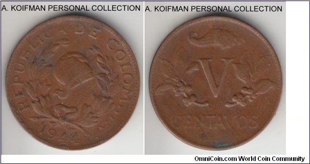 KM-206, 1944 Colombia 5 centavos, Bogota mint (no mint mark); bronze, plain edge; very fine or about, weakly struck.