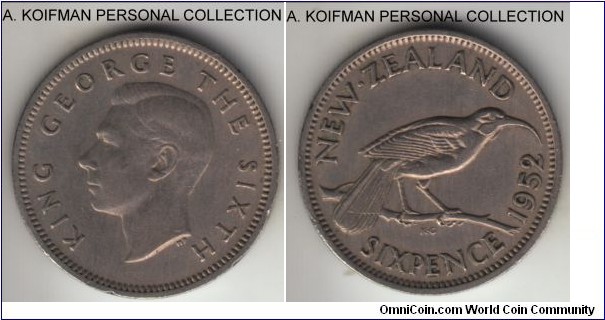 KM-16, 1952 New Zealand 6 pence' copper-nickel, reeded edge; last of the George Vi mintage, very fine or about.