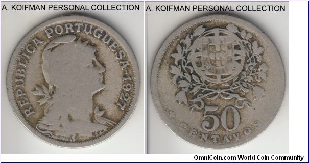 KM-577, 1927 Portugal 50 centavos; copper-nickel, reeded edge; well circulated, good or about.