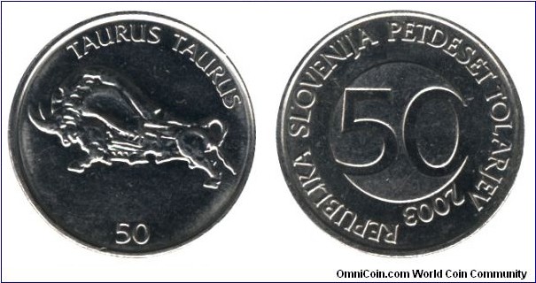 Szlovenia, 50 tolars, 2003, Cu-Ni, 26mm, 8g, Bull (Taurus taurus)