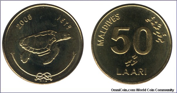 Maldives, 50 laari, 2008, Brass-Steel, 23.6mm, Loggerhead sea turtle.