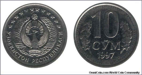 Uzbekistan, 10 som, 1997, Ni-Steel, 4.7g.