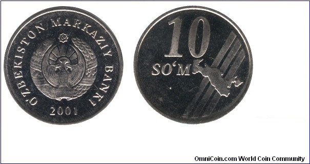 Uzbekistan, 10 som, 2001, Ni-Steel, 19.75mm, 2.71g-