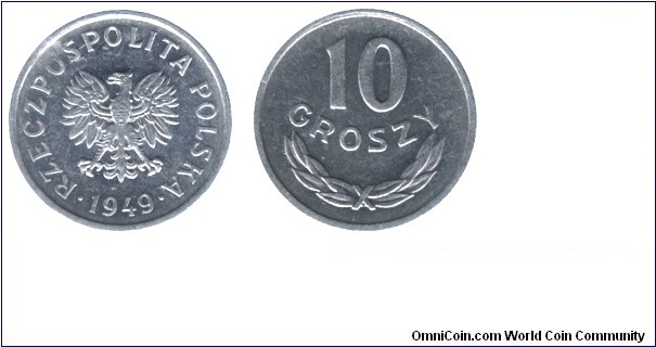 Poland, 10 groszy, 1949, Al, 17.6mm, 0.7g.