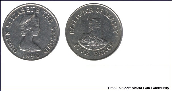 Jersey, 5 pence, 1990, Cu-Ni, 18mm, Queen Elizabeth II, Seymour Tower, Grouville.