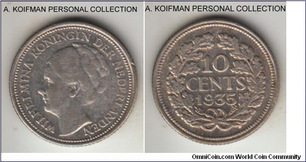 KM-163, 1935 Netherlands 10 cents; silver, reeded edge; circulation issue, good very fine or so.