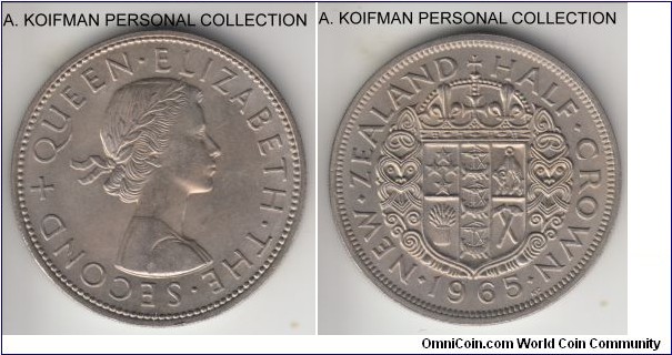 KM-29.2, 1965 New Zealand 1/2 crown; copper-nickel, reeded edge; last year of decimal mintage, nice grade uncirculated.