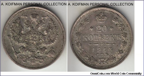 Y#21a.1, 1913 Russia (Empire) 20 kopeks, St. Petersburg mint (СПБ mint mark), ВС mint master; silver, reeded edge; good extra fine.