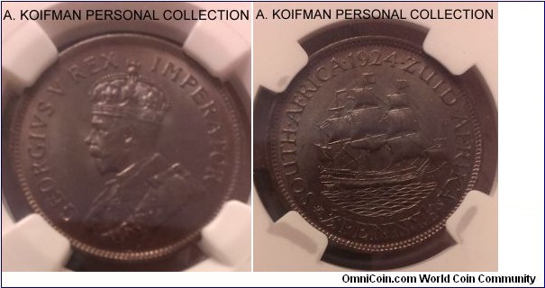 KM-13.1, 1924 South Africa 1/2 penny; bronze, plain edge; nice coin, NGC graded MS 65 BN, mintage 64,000.