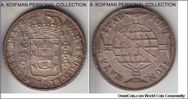 KM-307.1, 1816 Brazil (Colony) 960 reis, Bahia mint (B mint mark); silver, milled edge; good extra fine, overstruck on Spain colonial issue, as some remaining details show. 