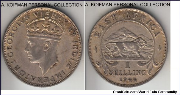 KM-28.4, 1944 East Africa shilling, Pretoria mint (SA mint mark); silver, reeded edge; god extra fine, scarcer type in higher grades because of the low silver content.