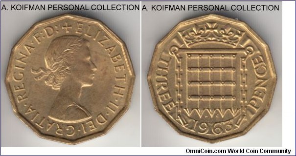 KM-900, 1963 Great Britain 3 pence; nickel brass, 12 sided flan, plain edge; decent average uncirculated.