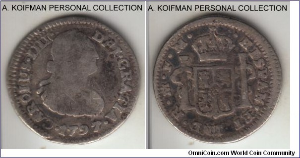 KM-72, 1797 Mexico (Spanish Colony) 1/2 real, Mo MF mint and essayer; silver, corded edge; very good to fine.