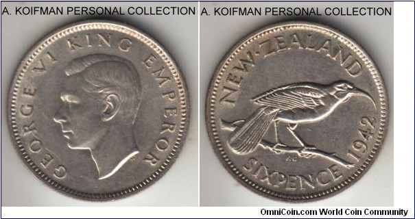 KM-8, 1942 New Zealand 6 pence; silver, reeded edge; key year of the issue, good extra fine to about uncirculated.