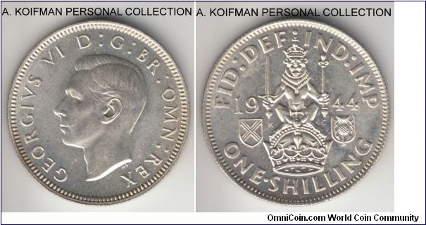 KM-854, 1944 Great Britain shilling; silver, reeded edge; George VI, Scottish crest, bright lustrous average uncirculated.